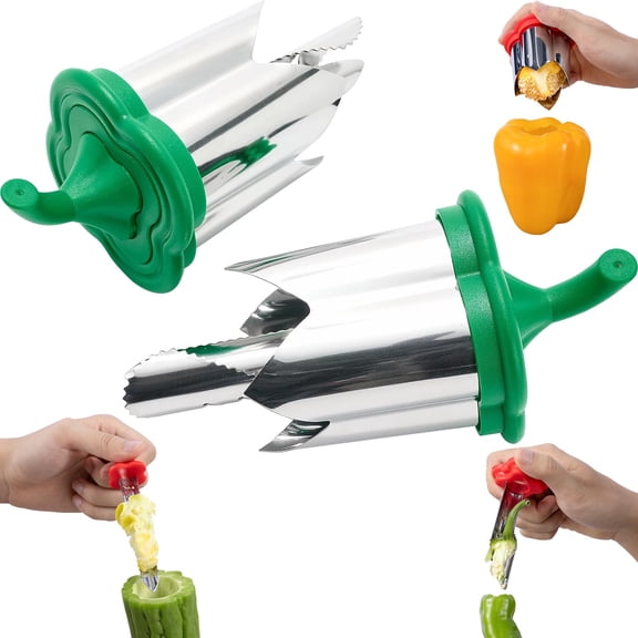 2 in 1 Pepper Corer Tool, 304 Stainless Steel Bell Pepper Seed Remover with Rotary Cutter, Jalapeno Coring Tool for Vegetables, Apples, Cucumbers & Kitchen Food Prep