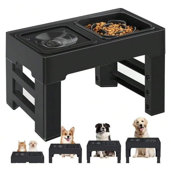 2 in 1 Pet Lift Bowl - Leak-proof Slow Feeding Dog Bowl + Water Bowl, 4-Level Height Adjustment, Non-Slip Design, Suitable for Small, Medium and Large Dogs and Cats
