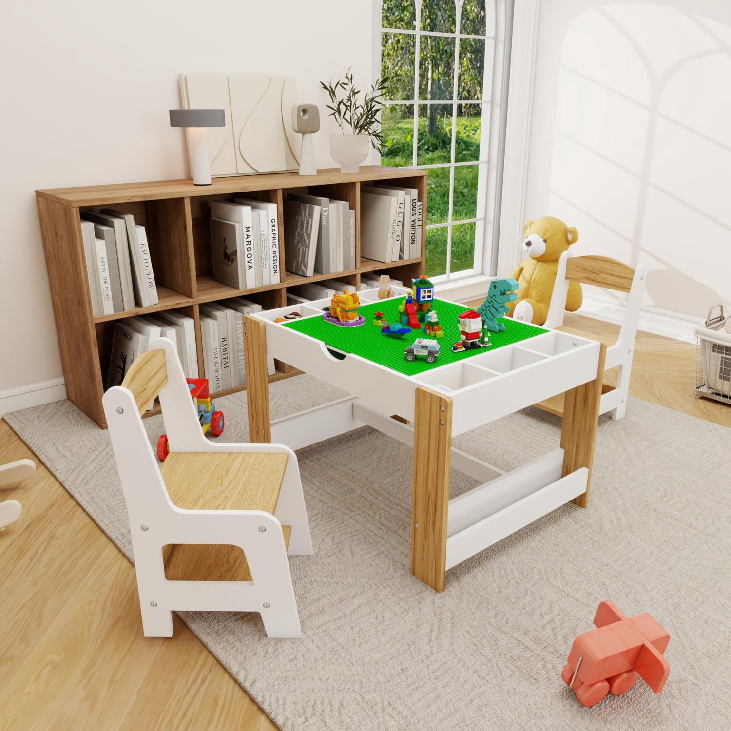 2 in 1 Play Table and 2 Chairs Set, Activity Learning Table with 7 Storage Compartments for Playroom, Kids Play Table Compatible with Building Blocks, White and Green