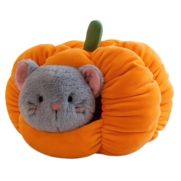 Plush Halloween Pumpkin Hat Plush animal doll With , 9.1*7.1 In Gray Mouse Stuffed Plush Toy, Seasonal Ornament for Halloween Table Shelf Kids Room Display