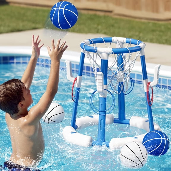 2 in 1 Pool Basketball Hoop, Floating Pool Toys with 4 Balls/8 Ring Toss Game for Kids Ages 4-8, Indoor Outdoor Water Basketball for Poolside Family Party for Adults Kids 8-12, Blue
