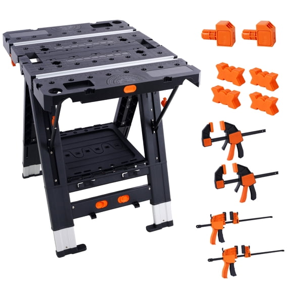 2 in 1 Portable Folding Work Table Convertible Workbench Sawhorse Aluminum Frame Adjustable Height Heavy Duty Work Station with 4 Clamps for Garage Garden Home Construction Projects