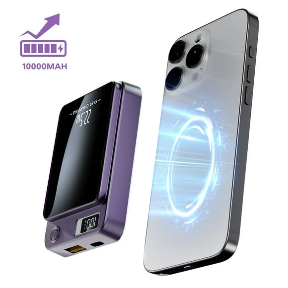 Wireless Power Bank, 10000mAh Fast Charging, with LED Power Display, 2 in 1 Portable Magnetic Power Bank, Compatible with Multi Device with cable, Purple