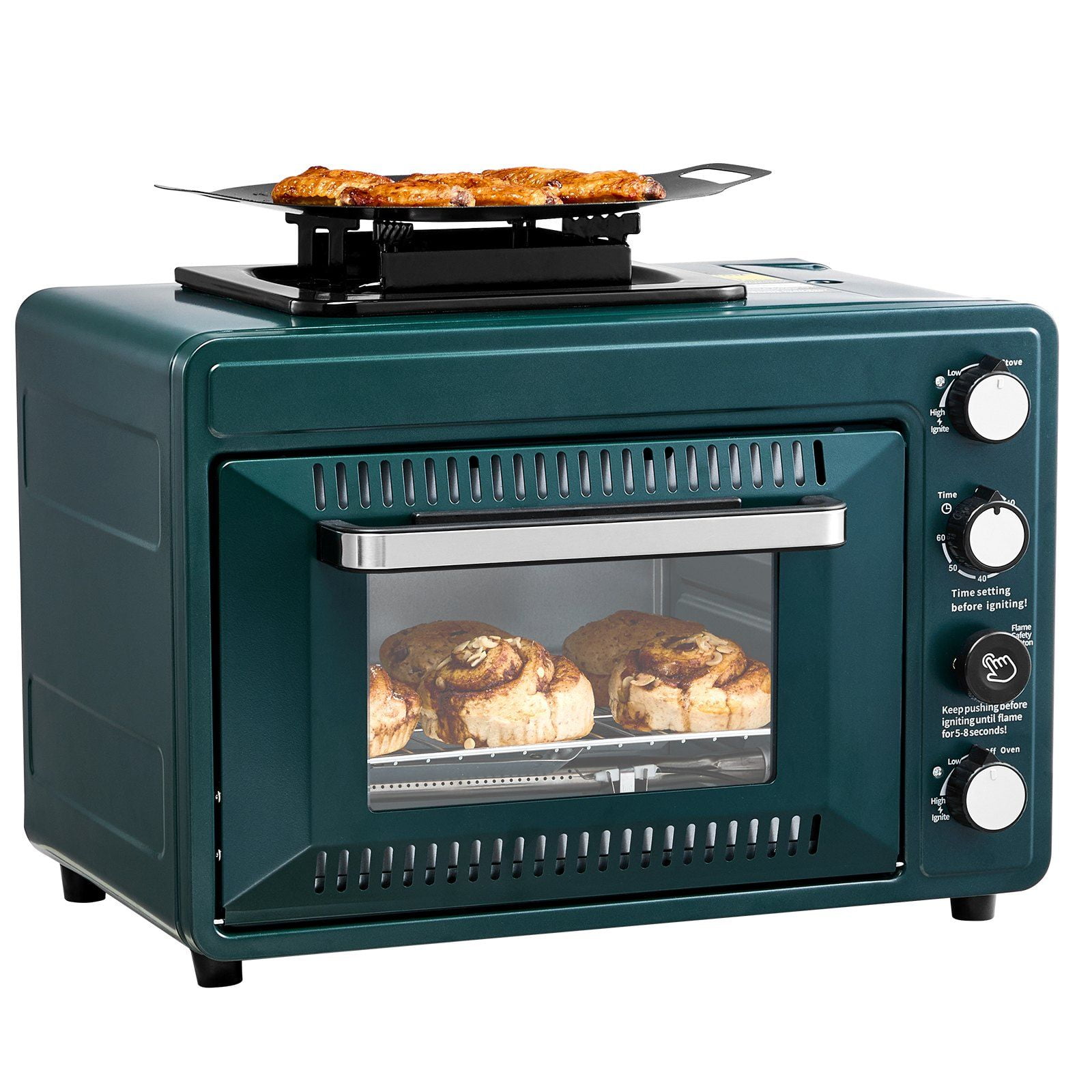 2 in 1 Portable Outdoor Gas Camping Stove Oven Combo Adjustable Fire Windproof 60 Minute Timer with Grill Shelf Roasting Tray for Backyard Picnic Camping Gear