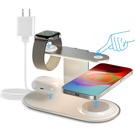 4 in 1 Charging Station,MagSafe Wireless Charger with Three Level Soft Night Light 15W Wireles Charging for iPhone 12 and above series,for iWatch Series,for AirPods,USB-C Charger Included,Silver