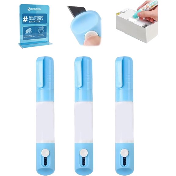 2 in 1 Privacy Wipe Box Cutter, Thermal Ink Remover, Water Based Thermal Paper Eraser Pen, One Smear Printed Text Cover for Documents Labels Packages Shipping Addresses (3PCS, Blue)