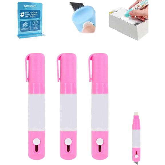 2 in 1 Privacy Wipe Box Cutter, Thermal Ink Remover, Water Based Thermal Paper Eraser Pen, One Smear Printed Text Cover for Documents Labels Packages Shipping Addresses (3PCS, Pink )