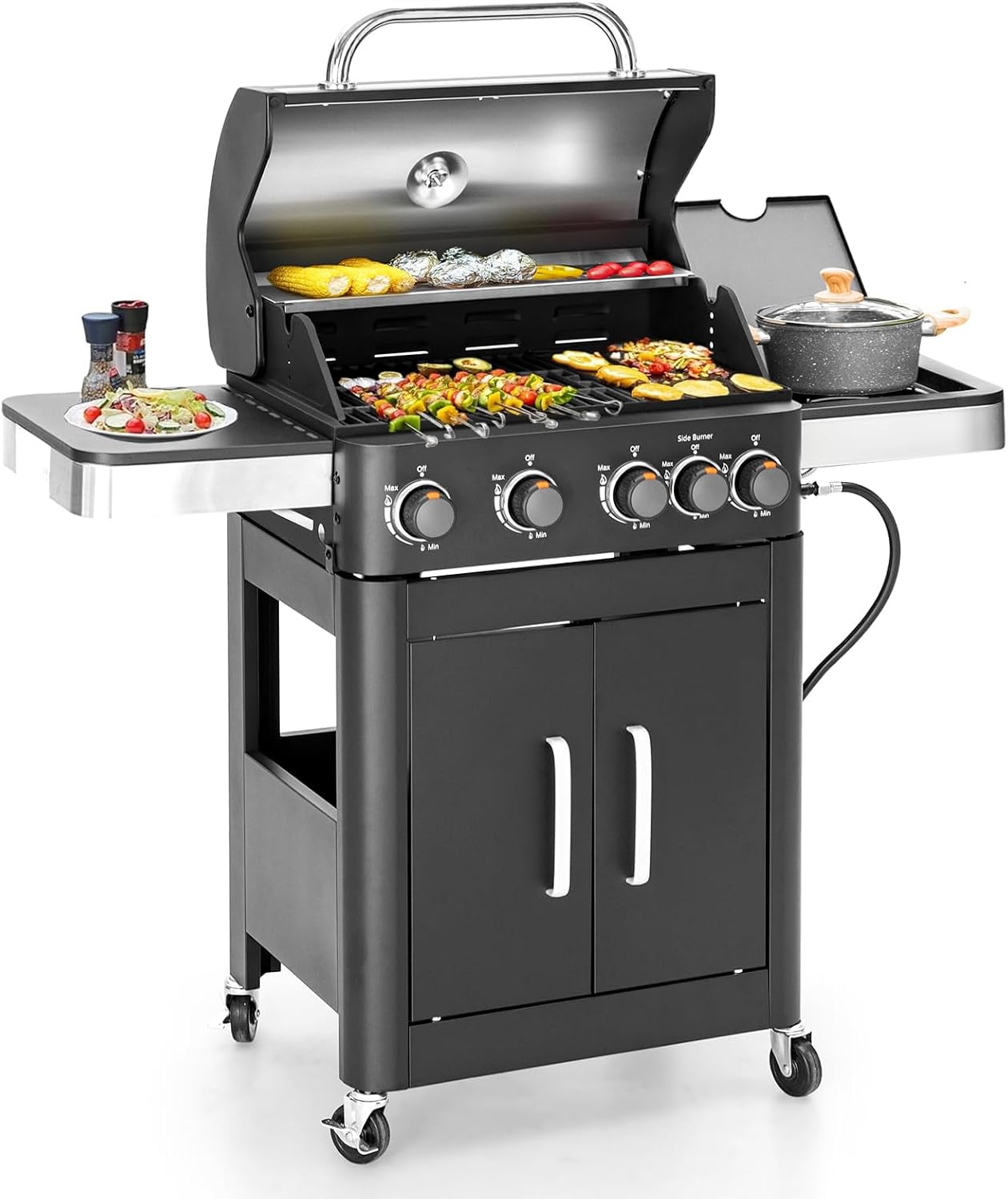 2 in 1 Propane Gas BBQ Grill with Side Burner & PorcelainEnameled Cast