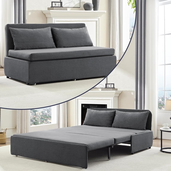 2 in 1 Pull Out Sofa Bed Queen Size, Small Convertible Sleeper Sofa Couch, Linen Folding Guest Bed with Wheels and Cushions Pillow, Futon Sofas Couch Beds for Bedroom Office Lounge - Dark Grey