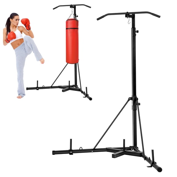 2 in 1 Punching Bag Stand, Steel Heavy Duty Workout Equipment, Adjustable Height Boxing Punching Bag Stand with Pull Up Bar, Freestanding Sandbag Rack, Holds Up to 140 lbs, for Home Gym Fitness
