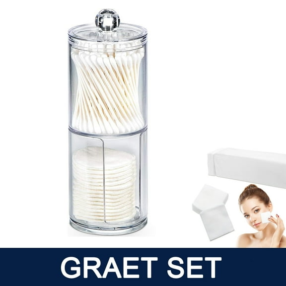 2 in 1 Qtip Holder Dispenser with 200pcs Esthetic Wipes for Cotton Ball, Cotton Round Pads, Floss Picks, Plastic Apothecary Jar for Bathroom Canister Storage Organization, Vanity Makeup Organizer