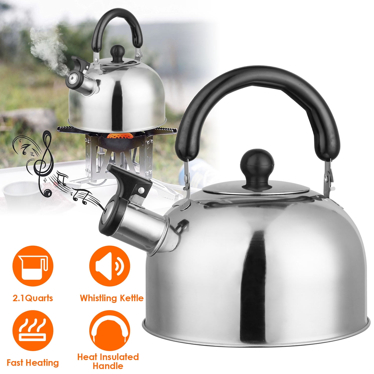 2.1 Quart Stainless Steel Whistling Kettle, Heat Insulated Handle Fast Heating Tea Kettle, Compatible with All Stoves for Kitchen Camping Office