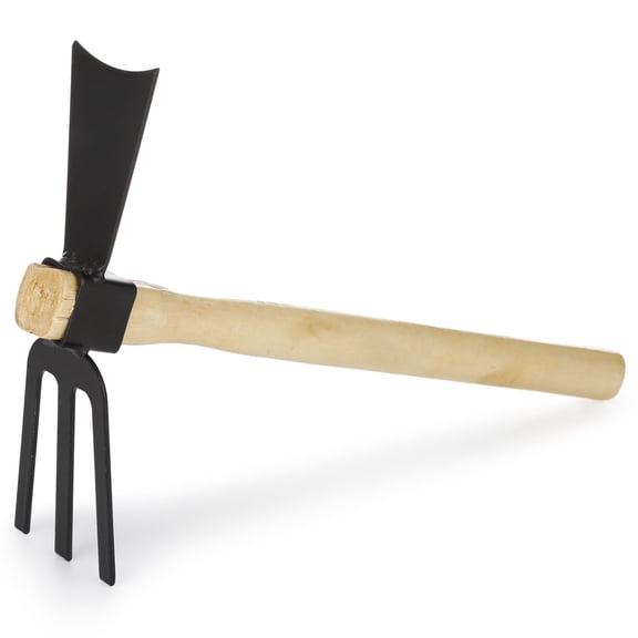 2 in 1 Rake and Hoe, Dual-Purpose Handheld Garden Tool with Solid Wooden Handle, 14.1 x 8.7 in Gardening Accessory for Weeding, Cultivating and Soil Loosening in Backyard Yard Farm Planting