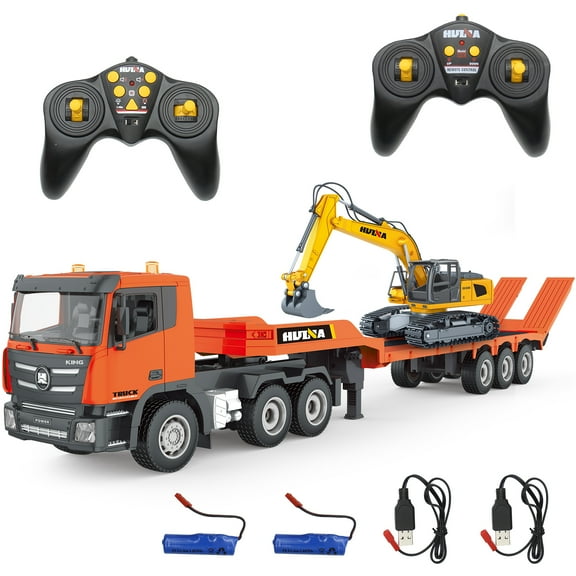 2 in 1 Remote Control Excavator with Flatbed Truck Toys, 1:24 RC Semi-Trailer Engineering Tractor with Sound and Lights, Construction Vehicles Toy for Boys