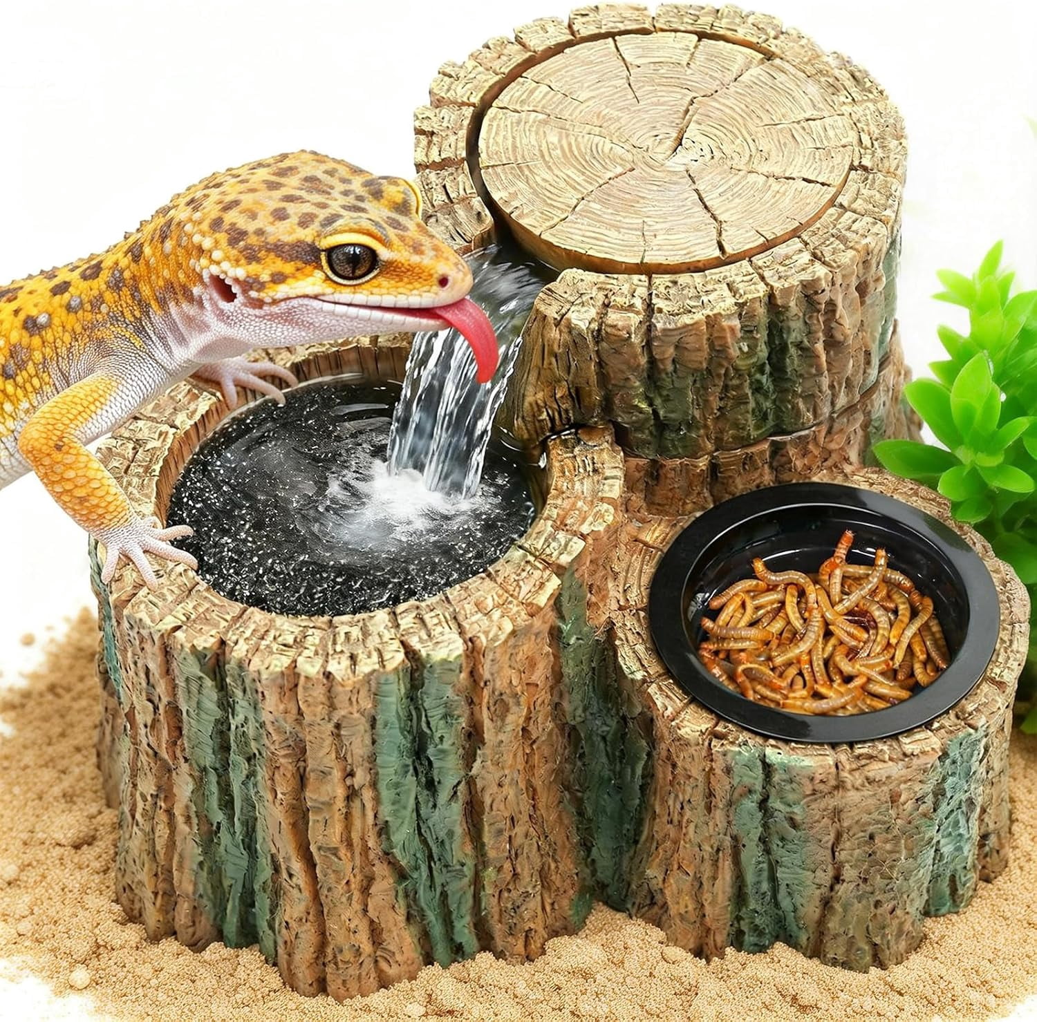 Science Water Flow 2 in 1 Reptile Water Fountain with Food Dish 550ML, Reptile Waterfall ...