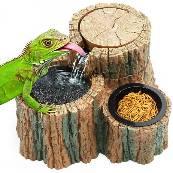 2 in 1 Reptile Water Fountain with Food Dish 550ML, Tree-Stump Waterfall Dispenser with Adjustable Flow & Quiet Pump for Bearded Dragon, Chameleon, Gecko, Turtle and Lizard