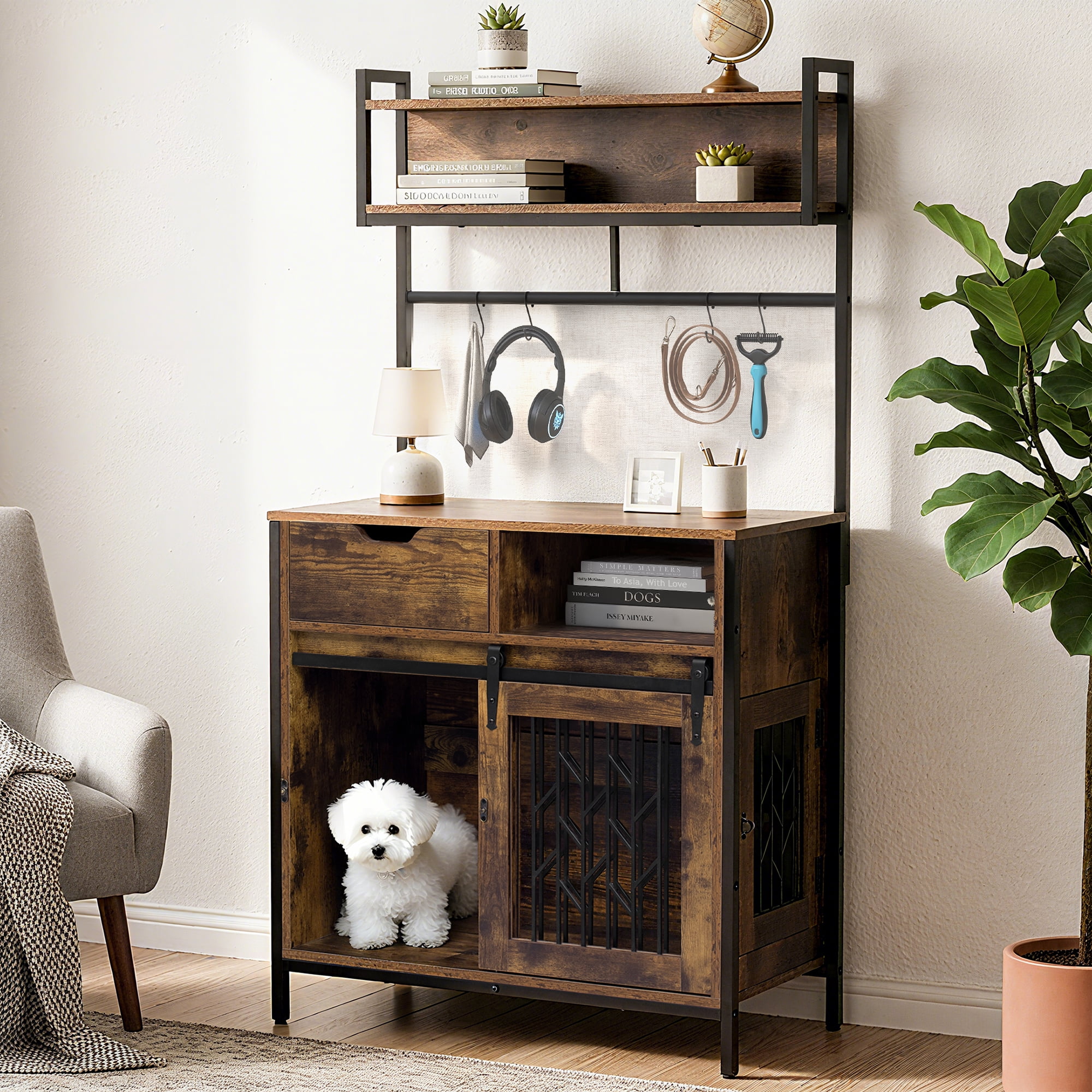 2 IN 1 Rustic Dog Crate Side Cabinet Organizer, Hutch Kitchen Cabinet ...