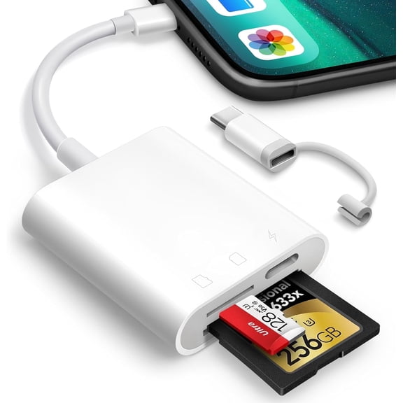 2 In 1 SD and TF Card Reader for iPhone iPad, Dual Connector SD Memory Card Adapter Portable Trail Camera Viewer, No Driver Needed, Plug and Play
