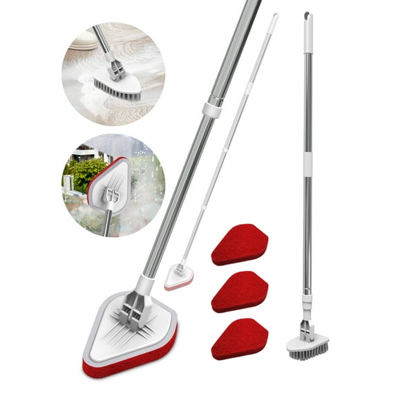 2 in 1 Scrub Cleaning Brush with Long Handle 46''?Extendable Tub & Tile Scrubber with 1 Stiff Bristle and 3 Sponge Brushes for Cleaning Bathroom Shower Bathtub Glass Tile Floor