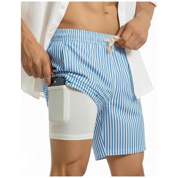 2 in 1 Seersucker Men Swim Trunk with Compression Liner 7 Inches Quick Dry Zipper Pockets Swimming Bathing Summer Beach Shorts for Cruise Beach Pool Board