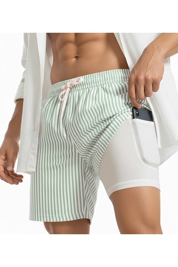 2 in 1 Seersucker Men Swim Trunk with Compression Liner 7 Inches Quick Dry Zipper Pockets Swimming Bathing Summer Beach Shorts for Cruise Beach Pool Board