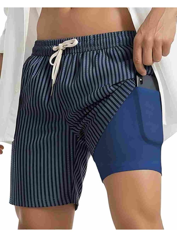 2 in 1 Seersucker Men Swim Trunk with Compression Liner 7 Inches Quick Dry Zipper Pockets Swimming Bathing Summer Beach Shorts for Cruise Beach Pool Board