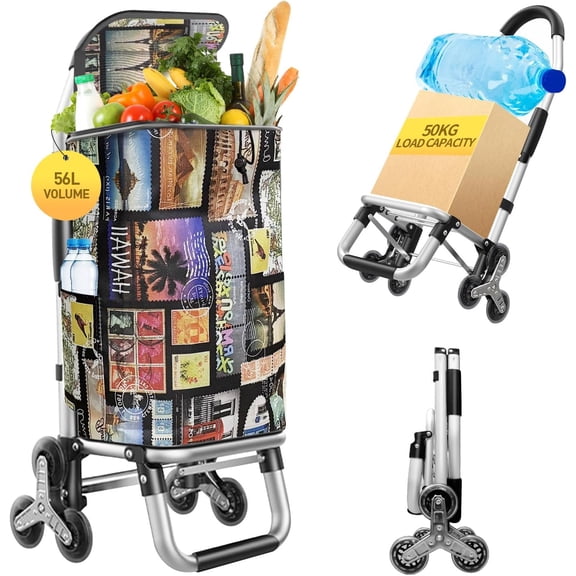 2 in 1 Shopping Cart for Groceries, 110 lbs Grocery Cart on Wheels, Foldable Shopping Cart with 6 Wheels, Load-Bearing Hand Truck with Black Waterproof Bag for Shopping, Camping, Garden