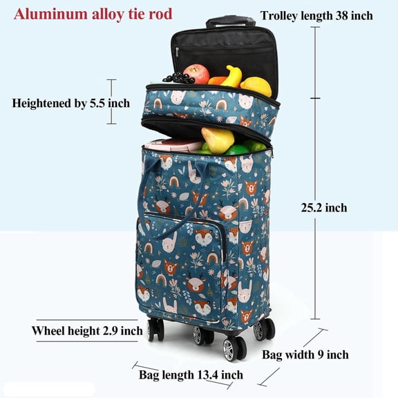 2 in 1 Shopping Cart with Wheels, Portable Utility Dolly, Luggage Cart, Foldable Hand Truck with Built-in Removable Waterproof Bag for Shopping, Camping, Travel (Animal World)