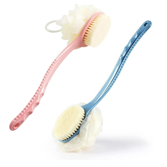 2 in 1 Shower Body Brush with Bristles and Loofah, Back Scrubber Mesh Sponge with Curved Long Handle for Skin Exfoliating Bath, Massage Bristles Suitable for Men and Women (Blue+Pink)