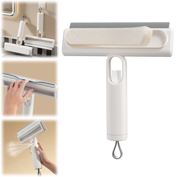 2 in 1 Shower Squeegee for Glass Doors & Windows Spray Cleaning Tool Streak Free Bathroom Cleaner with Microfiber & Rubber Blade Multi Functional for Tile Walls Home Kitchen Car Use, White