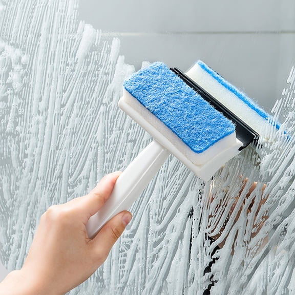 2 in 1 Shower Squeegee Window Squeegee with Scrub Sponge Glass Cleaner Tool Portable Wall Cleaning Brush Bathroom Cleaning Tool for Mirror Toilet Bathtub Glass Door and Window Cleaning
