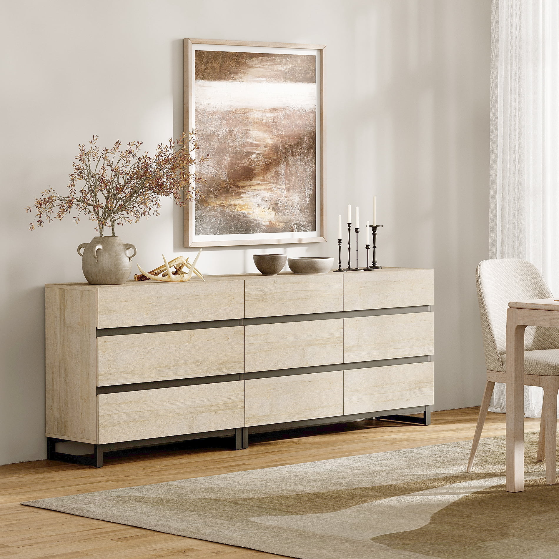 2 In 1 Sideboard Buffet Cabinets With 9 Drawers, Modern Sideboard Credenza With Metal Base, Coffee Bar Cabinet Storage Cabinet For Living Room, Kitchen,Beige
