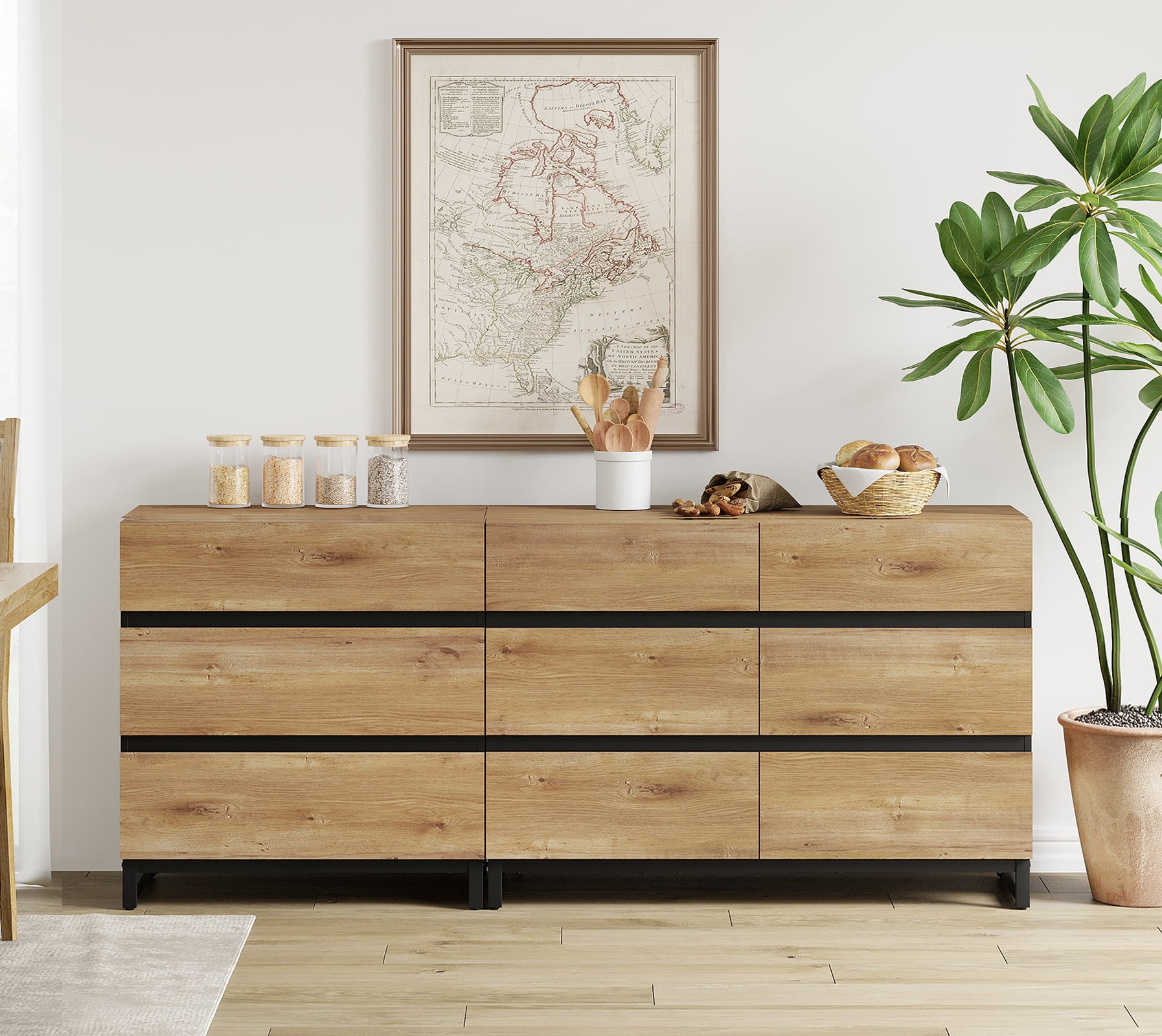 2 In 1 Sideboard Buffet Cabinets With 9 Drawers, Modern Sideboard Credenza With Metal Base, Coffee Bar Cabinet Storage Cabinet For Living Room, Kitchen,Oak