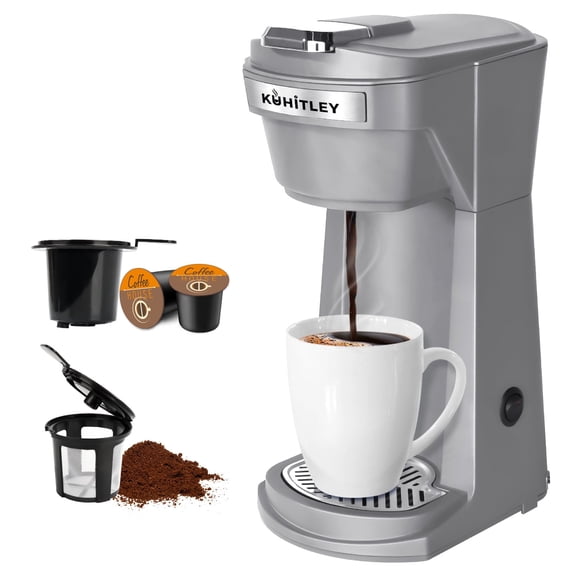 2 in 1 Single Serve Coffee Maker for K Cup Pods & Ground Coffee, Mini K Cup Coffee Machine with 6 to 14 oz Brew Sizes, Single Cup Coffee Brewer with One-Press Fast Brewing, Reusable Filters,Grey