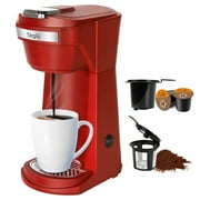 2 in 1 Single Serve Coffee Maker for K Cup Pods & Ground Coffee, Mini K Cup Coffee Machine with 6 to 14 oz Brew Sizes, Single Cup Coffee Brewer with One-Press Fast Brewing, Reusable Filters,Red