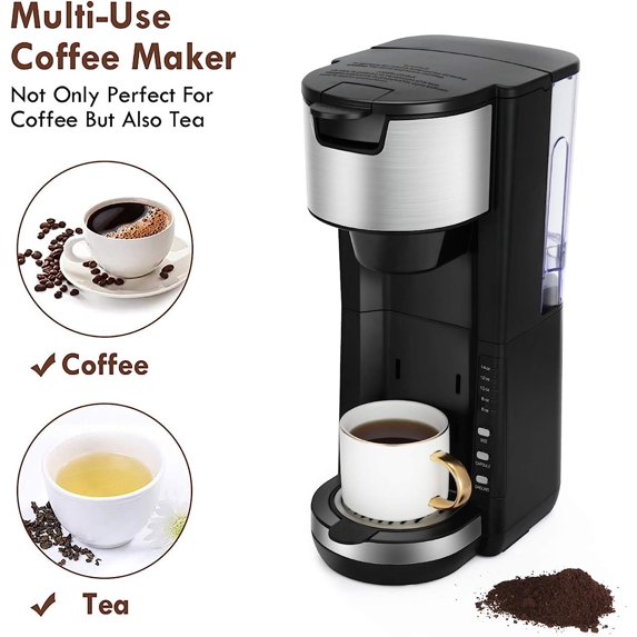 2 in 1 Single Serve Coffee Maker, One Cup Coffee Maker for Capsule Pod Ground Coffee, 30oz Removable Reservoir One-Touch Button, 1000W Fast Brew 5 Brewing Size, Adjustable Drip Tray