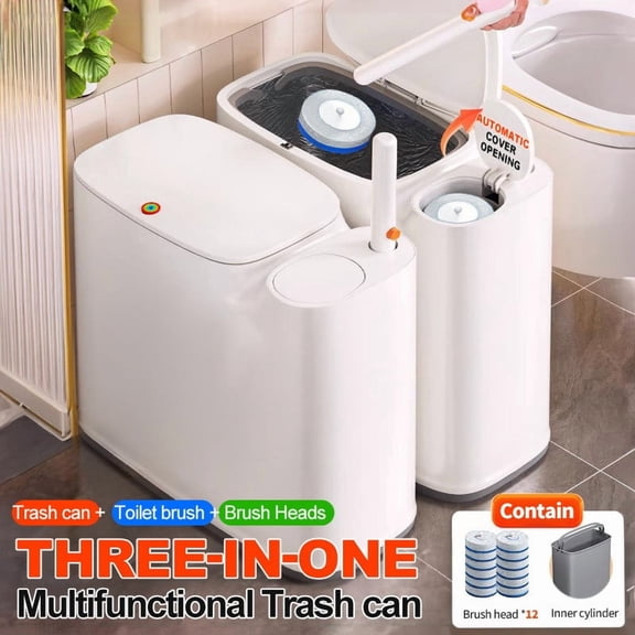 2 in 1 Slim Bathroom Trash Can with Disposable Toilet Brush, Rectangular Push Lid Narrow Space Floor Plastic Waste Bin, Ivory White Modern Bathroom Organizer
