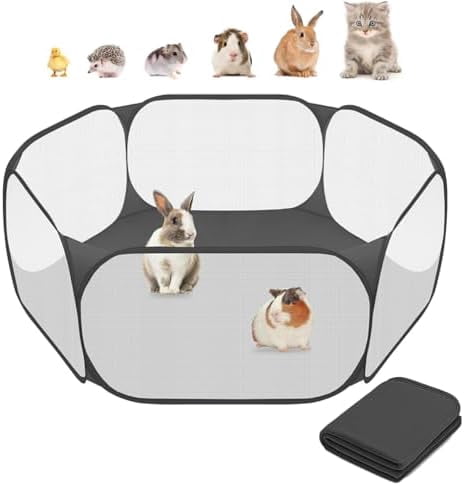 2 in 1 Small Animal Playpen with Waterproof Pad, Pop-Up Portable Play Yard for Guinea Pigs, Rabbits, Hamsters, Hedgehogs, Foldable Exercise Fence with Breathable Mesh for Indoor Outdoor Use