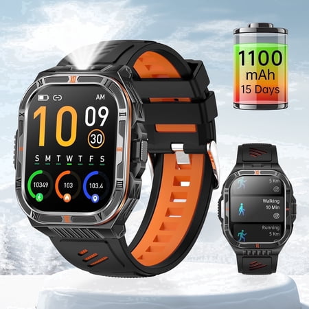 2.1" Smart Watch for Men with 1100mAh Battery,20-Day Battery Life, Outdoor Flashlight Compass,Bluetooth Calls,100+ Sports Modes,for Android iPhone (orange)