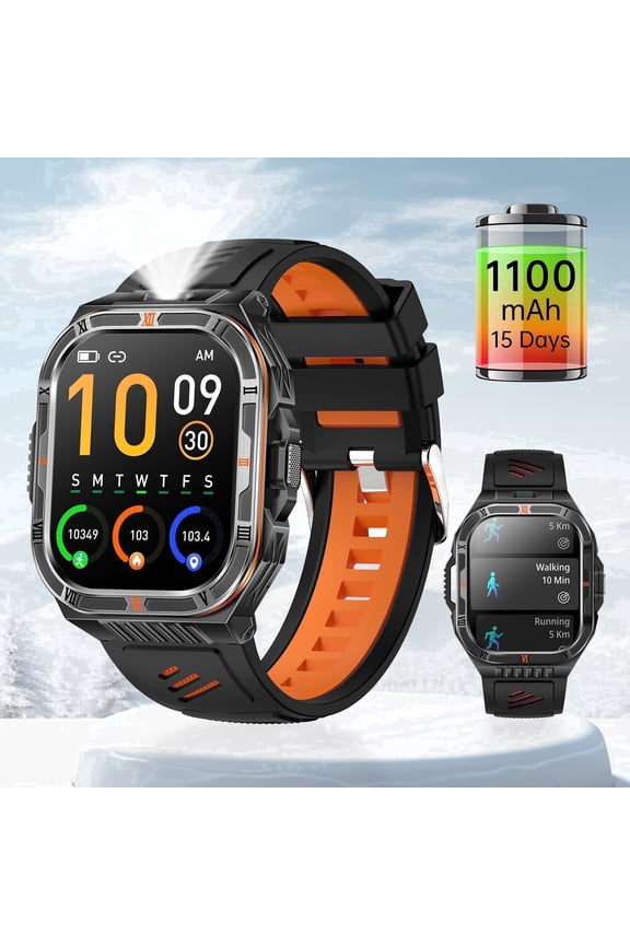 2.1" Smart Watch for Men with 1100mAh Battery,20-Day Battery Life, Outdoor Flashlight Compass,Bluetooth Calls,100+ Sports Modes,for Android iPhone (orange)
