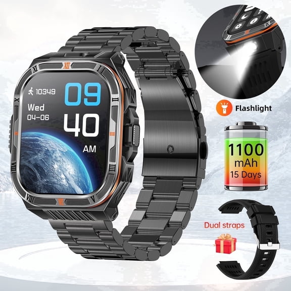 2.1" Smart Watch for Men, 1100mAh Battery with 20-Day Life, Activity Tracker with 100+ Sports Modes, Bluetooth Calls, Flashlight & Compass, IP68 Waterproof (Black)