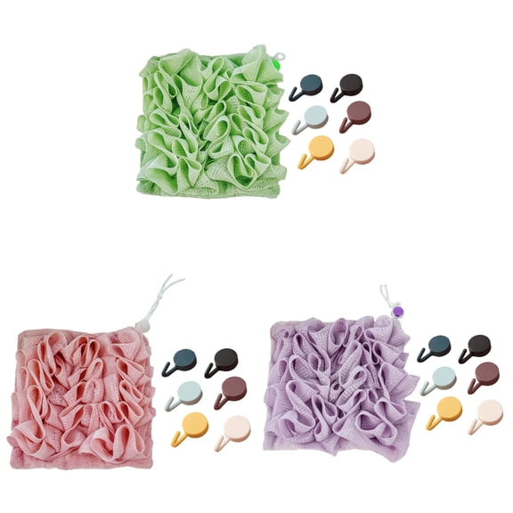 2 in 1 Soap Bar Loofah Pouch, Exfoliating Bath Sponge with Soap Holder, Drawstring Mesh Shower Pouf for Body Wash Cleansing and Smooth Skin, Reusable Washcloth Loofah Combo