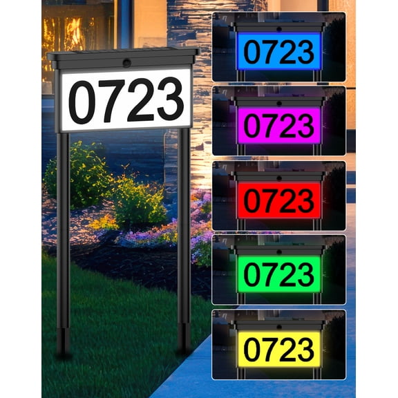 2 IN 1 Solar Address Sign 12 Color Changing Light LED Outdoor Yard Lighted House Numbers Waterproof Illuminated Address Plaque with Stakes 20 LEDs 2 Ways for Outside Street