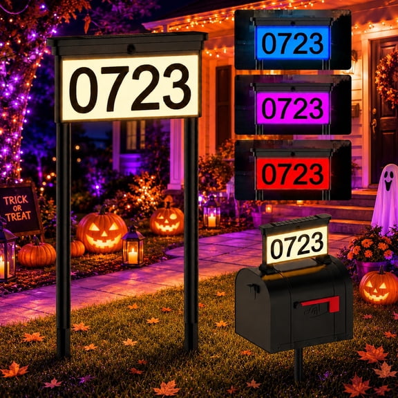 2 IN 1 Solar Address Sign 12 Color Changing Light LED Outdoor Yard Lighted House Numbers Waterproof Illuminated Address Plaque with Stakes 20 LEDs 2 Ways for Outside Street