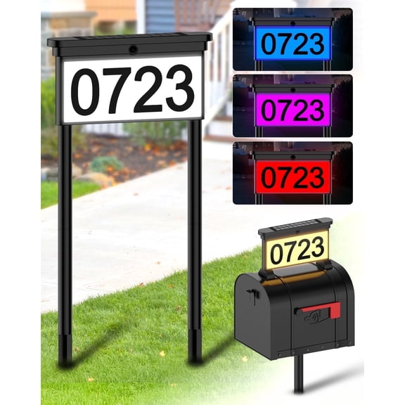 2 IN 1 Solar Address Sign 12 Color Changing Light LED Outdoor Yard Lighted House Numbers Waterproof Illuminated Address Plaque with Stakes 20 LEDs 2 Ways for Outside Street