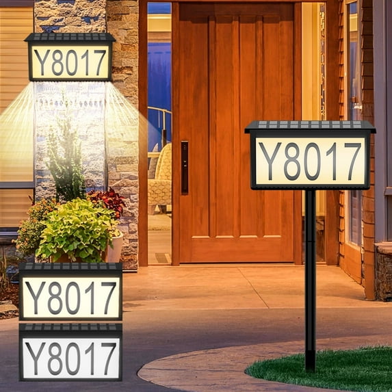 2 IN 1 Solar Address Sign for Yard Lighted House Numbers Waterproof Illuminated Address Plaque with Stakes 22 LEDs 3 Color Lighting Modes Wall Mounted/In Ground 2 Ways for Outside Street