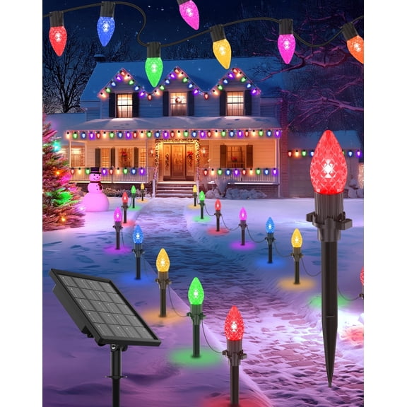 2 IN 1 Solar C9 LED Christmas Lights 50FT 25 LED with Ground Stakes & Hanging Design Warm White & Multicolor 8 Modes Waterproof for Garden Walkway Patio Christmas Decor