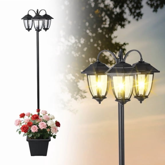 2 in 1 Solar Lamp Post Light with Planter, Waterproof, Aluminum Anti Rust 3-Head Solar Lamp Post Light for Garden, Lawn, Pathway, Driveway, Warm White Solar Street Light