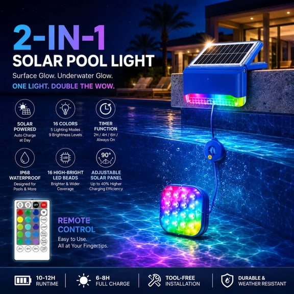 2 In 1 Solar Pool Lights,2026 Upgrade Pool Lights for Inground Pool & Steel Wall,5 Light Mode Underwater Swimming Pool Lights With 4 Timer, Submersible Pool Lights with Remote, Waterproof Design