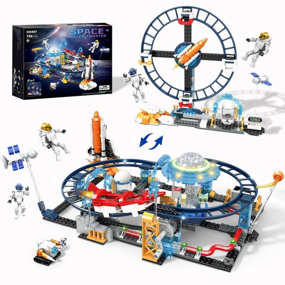 2 in 1 Space Roller Coaster Building Set with Rockets, UFO, Satellites, Space Capsules and City Park Friends Compatible with Lego, STEM Building Block Toy Birthday Gift for Kids Boys Girls 6+